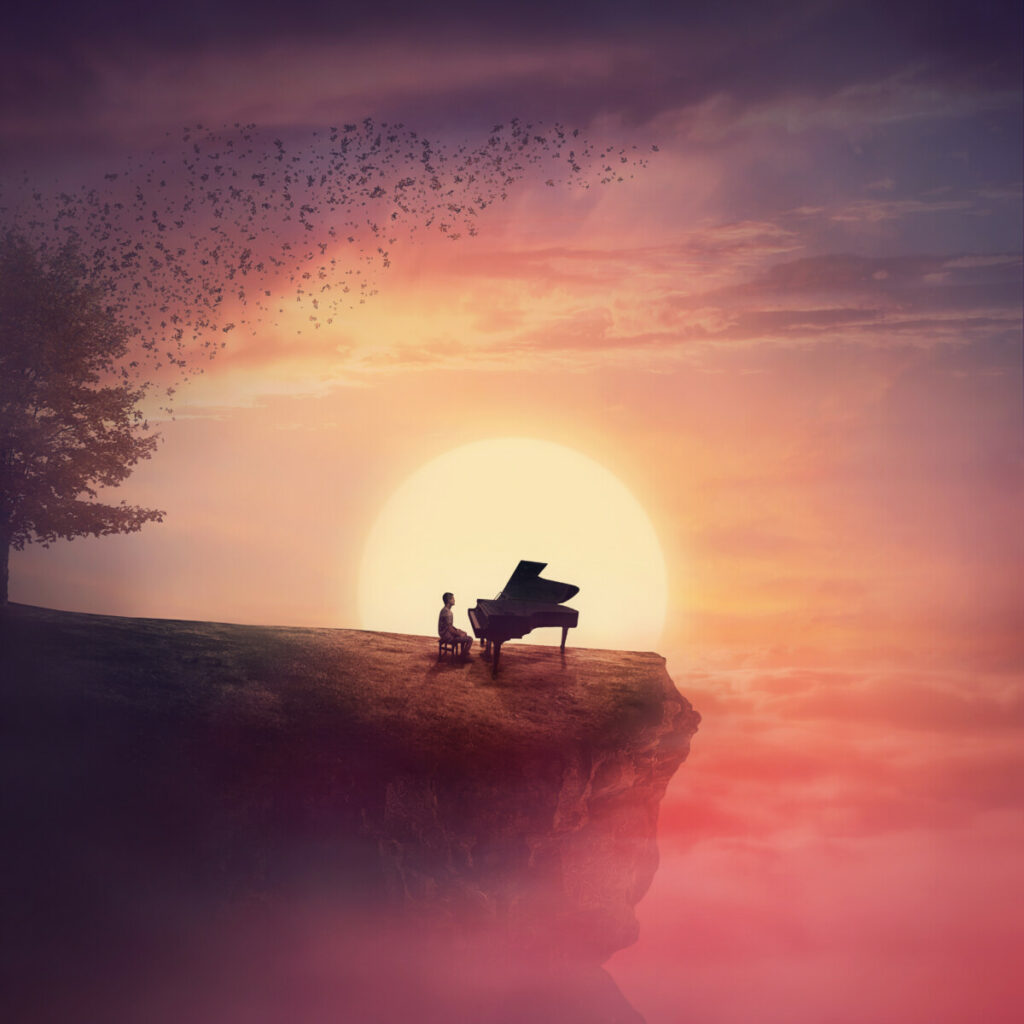 Ways to Make Your Music More Interesting - intro image- piano player on a cliff with a sunset.
